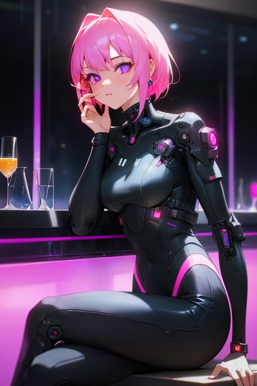 00213-984404886-Cyberpunk, 1girl, sitting in a futuristic bar, holding a glass, modified human, elegant suit, pink hair, purple eyes, looking in.png